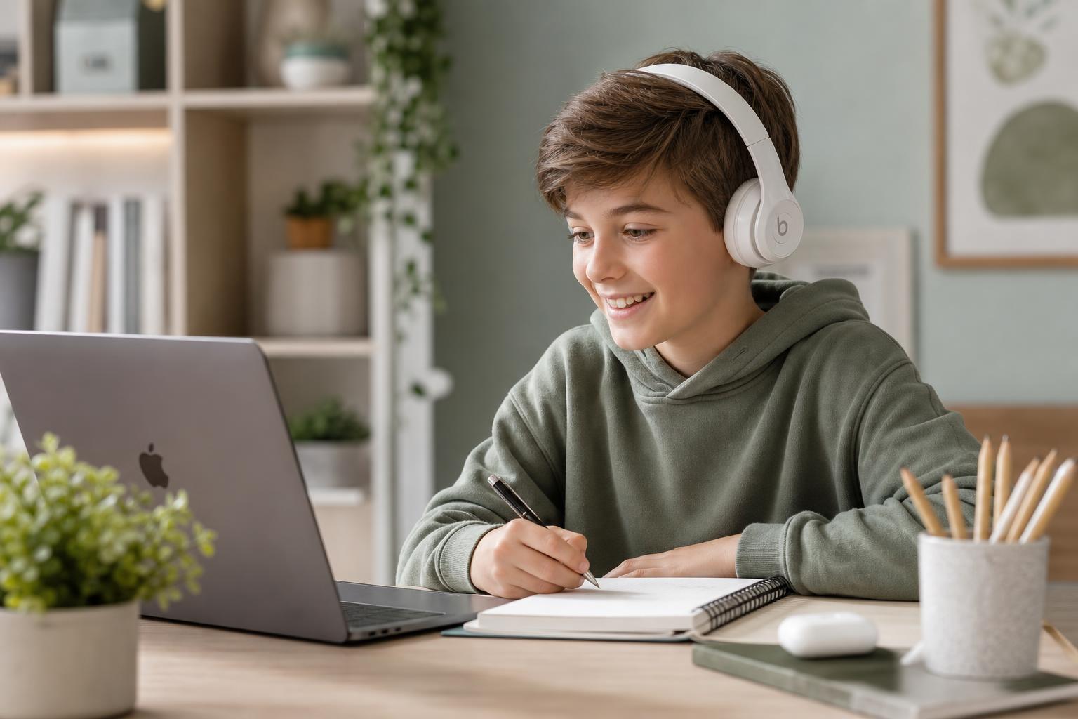 A focused child learning online at home with a laptop and headphones